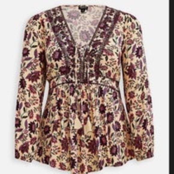BABYDOLL RAYON CREPE EMBROIDERED LACE-UP TOP - Picture 1 of 7